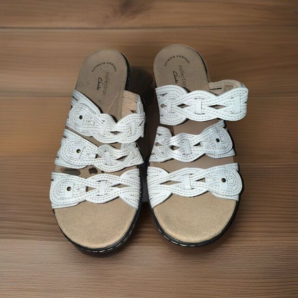 Clarks Leisa Faye White Leather Slide Sandals 5.5 New Gift Ready Fall Transition - Picture 3 of 3